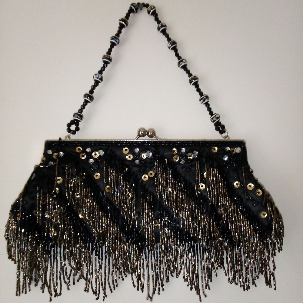 NWOT Elegant Black and Gold Beaded Evening Bag